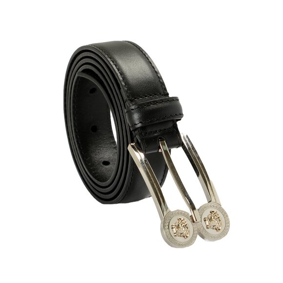 Versace Black 100% Leather Silver Medusa Heads Logo Decorated Belt US 34 IT 85 - Picture 1 of 6